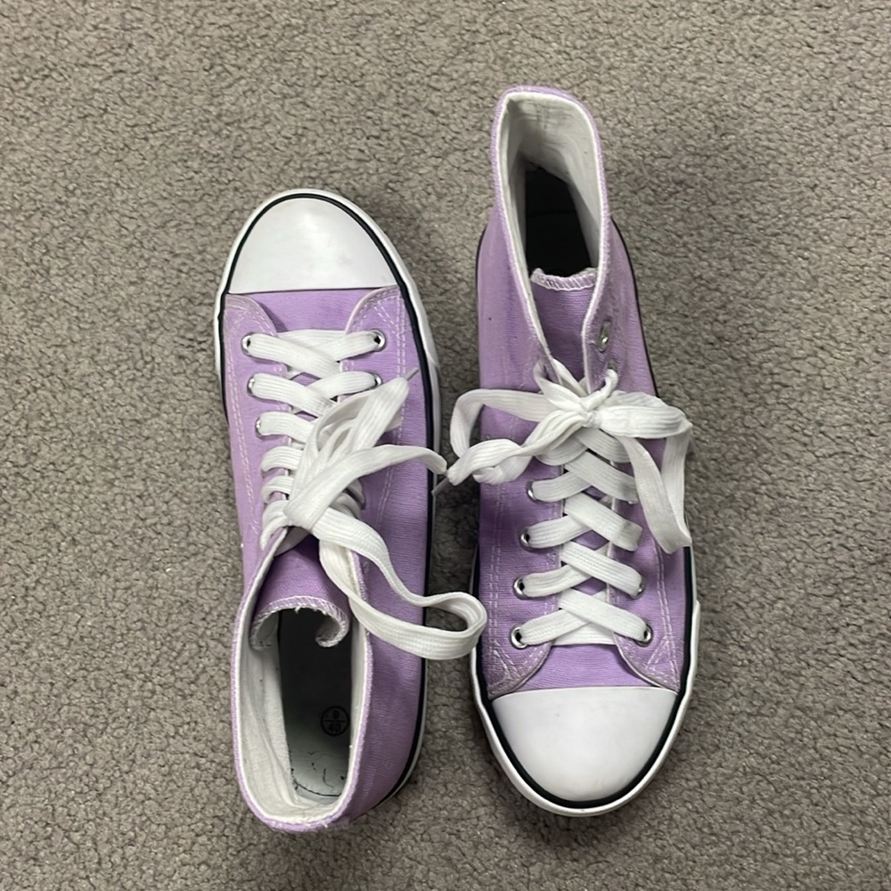 Purple and White Canvas High-Top Sneakers - Picture 3 of 10